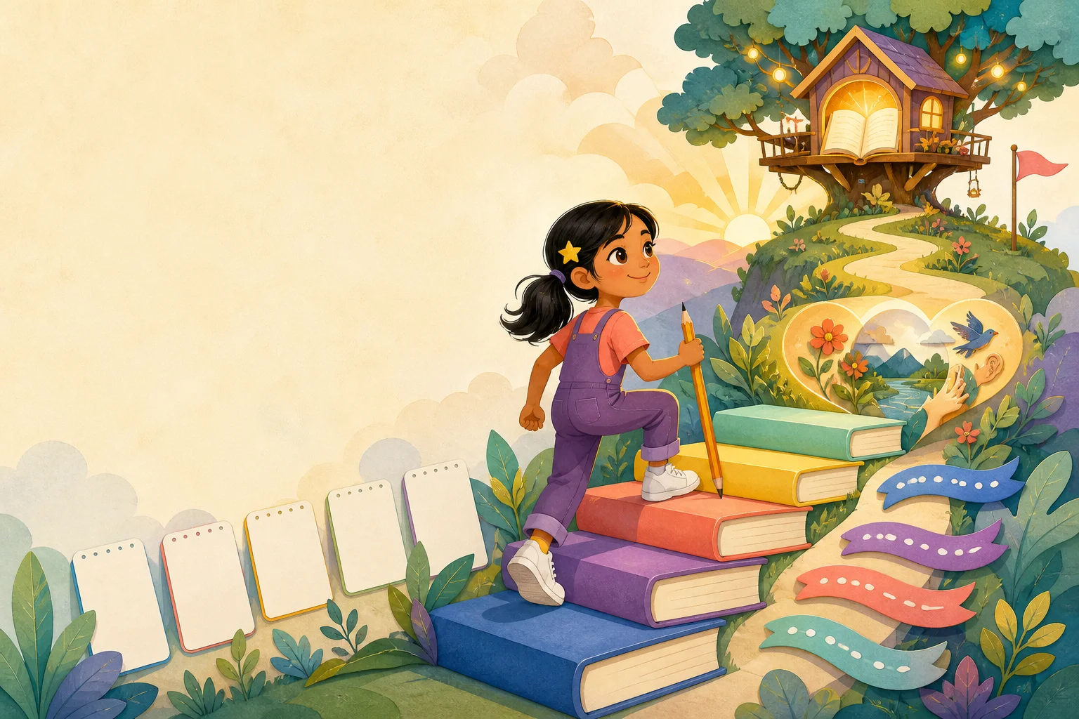 A girl climbing book-shaped steps towards a glowing story treehouse