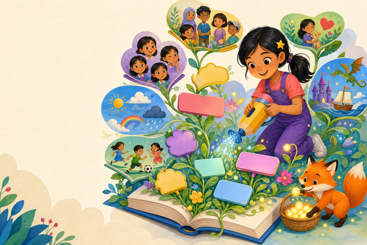 A word garden growing out of an open book, watered by a girl while a fox gathers glowing word-seeds